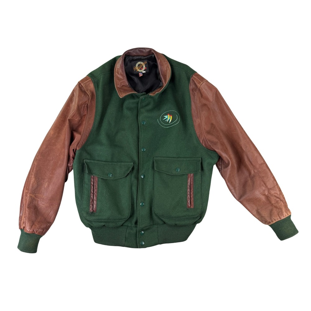 Dehen USA Varsity Jacket XL Green Virgin Wool Leather Made in USA Castle Pines